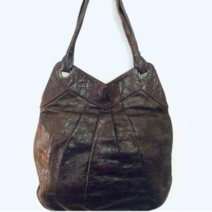 LAUREN MERKIN Stella Tote, Distressed Leather, Open Top Bag, Chocolate brown